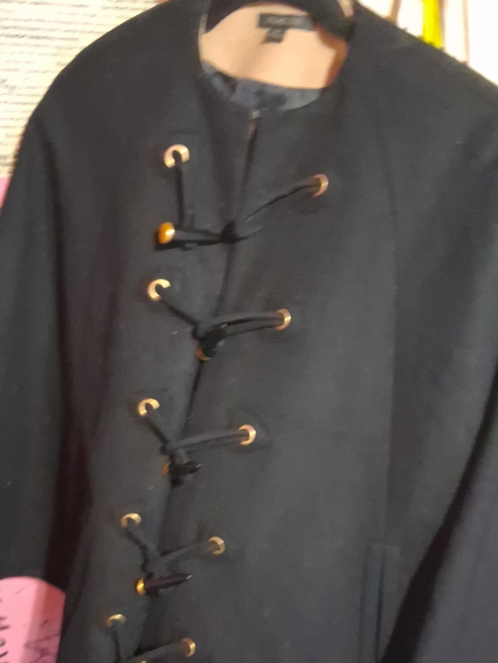 Rachel Zoe Black Pea Coat with Gold-Tone Eyelet Toggle Detail